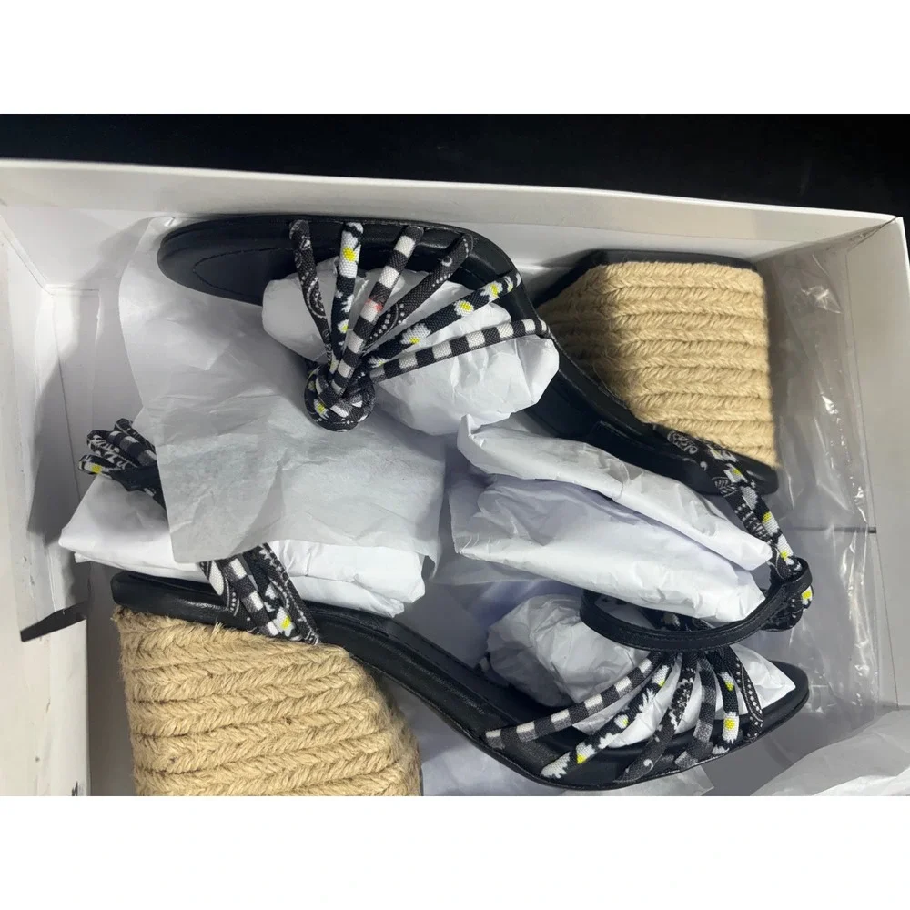 Schutz Dahira Black Gingham Daisy Print Espadrille Block Heel Sandals 8.5B